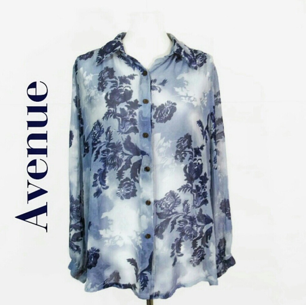 Avenue Floral Sheer Silk Button-down Blouse 18/20